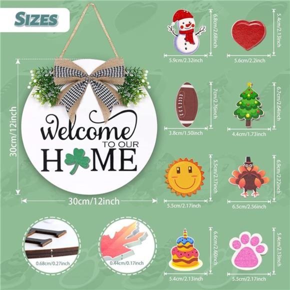 Interchangeable Welcome Sign - Wooden Welcome Wreath with 16 Holiday Icons - Picture 5 of 7